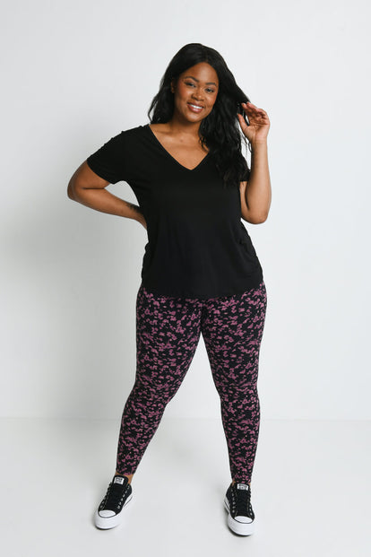 Alltägliche High-Waisted Leggings - Schwarze/Bordeaux-Rote Blumenmuster