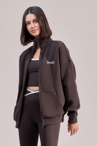 ALL SZN Organic Funnel Neck Zip Through - Black Coffee