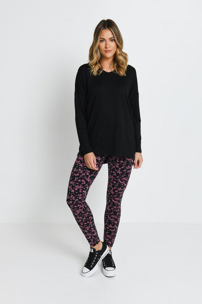 Alltägliche High-Waisted Leggings - Schwarze/Bordeaux-Rote Blumenmuster