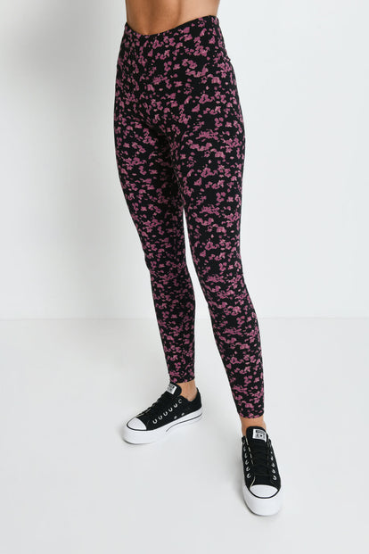 Alltägliche High-Waisted Leggings - Schwarze/Bordeaux-Rote Blumenmuster