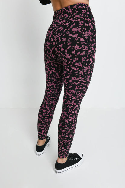Alltägliche High-Waisted Leggings - Schwarze/Bordeaux-Rote Blumenmuster