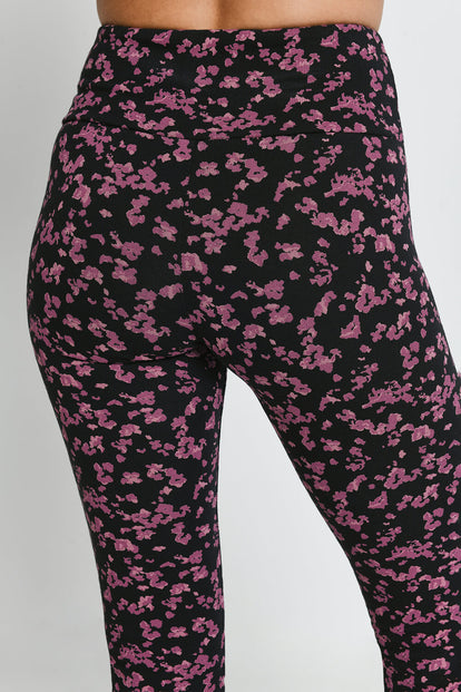 Alltägliche High-Waisted Leggings - Schwarze/Bordeaux-Rote Blumenmuster