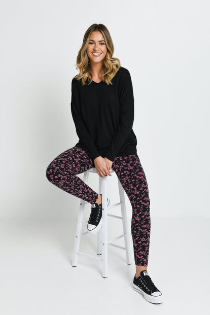 Alltägliche High-Waisted Leggings - Schwarze/Bordeaux-Rote Blumenmuster