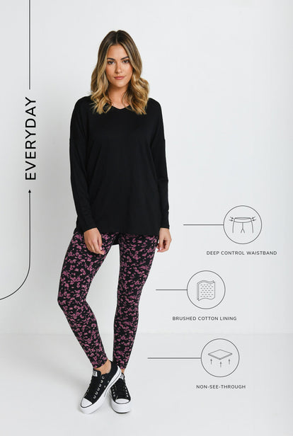 Alltägliche High-Waisted Leggings - Schwarze/Bordeaux-Rote Blumenmuster