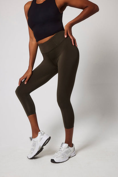 Focus Cropped High Waisted Sport Leggings - Olive Green