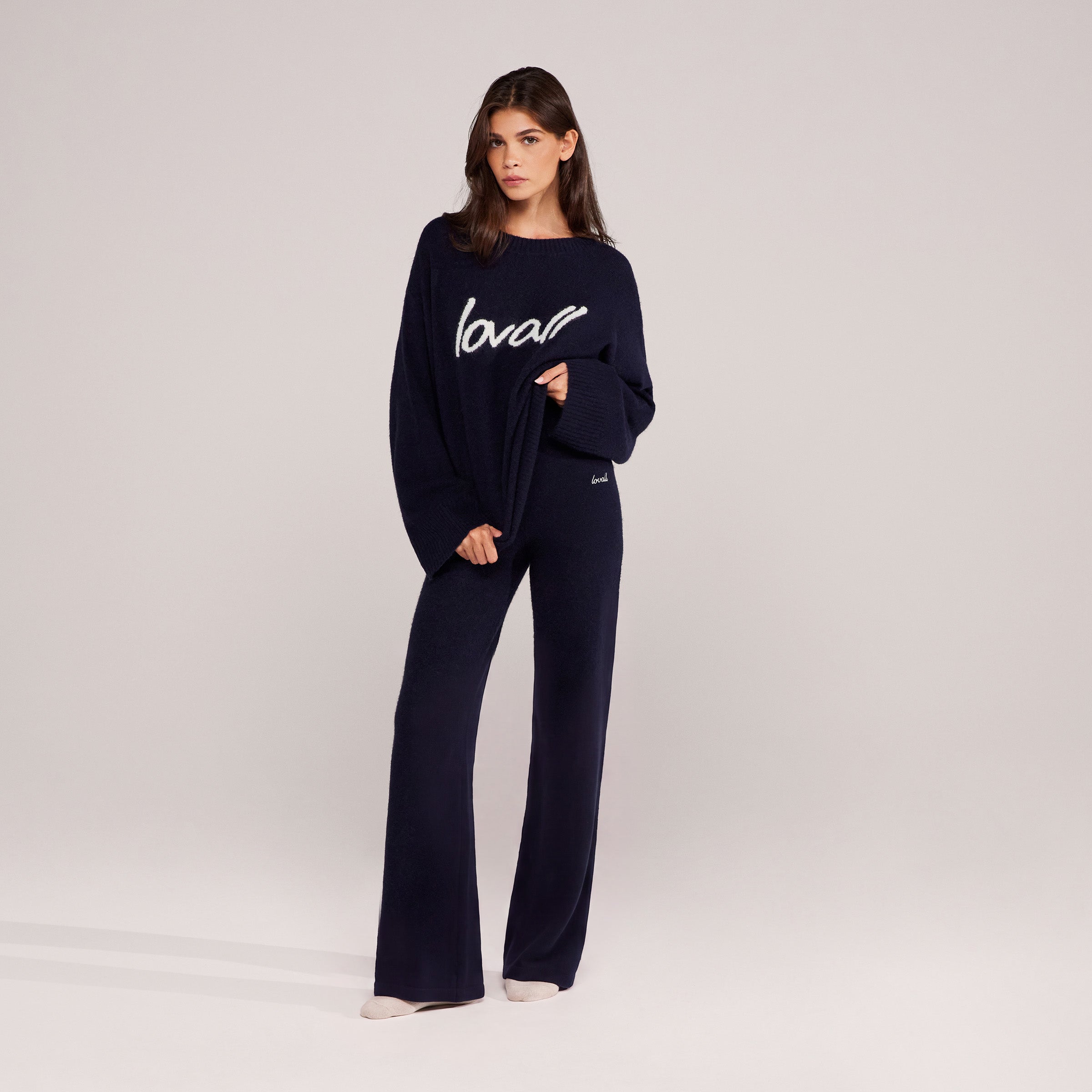 Gebürstete Strickhose mit weitem Bein – Navy