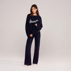 Gebürstete Strickhose mit weitem Bein – Navy