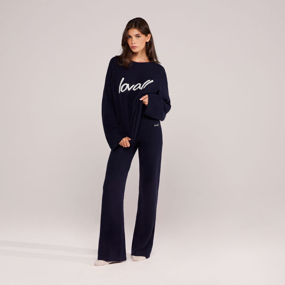 Gebürstete Strickhose mit weitem Bein – Navy