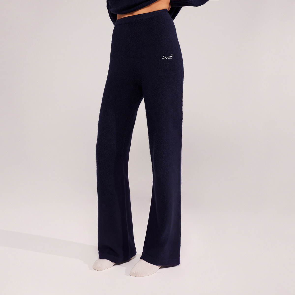 Gebürstete Strickhose mit weitem Bein – Navy