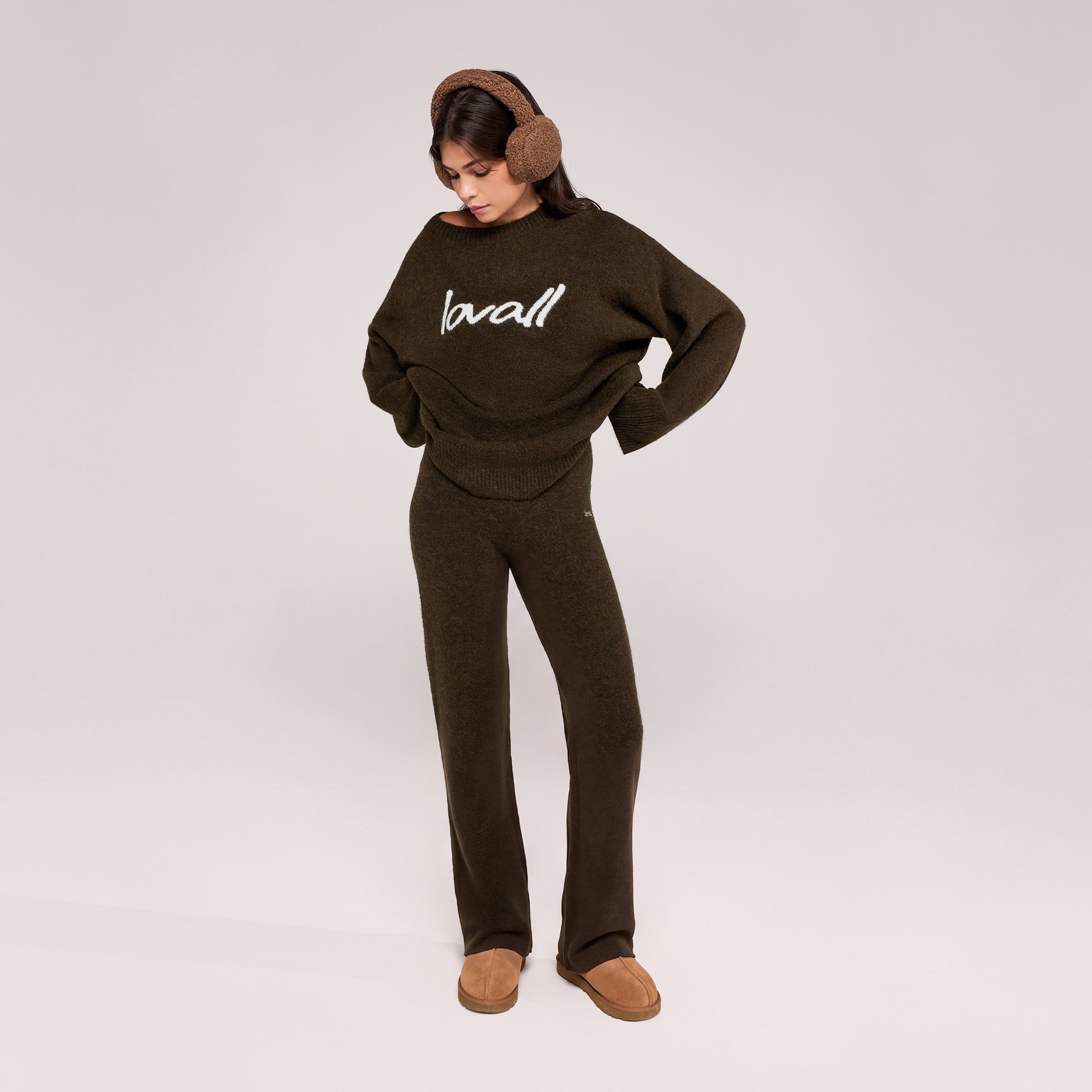 Hose aus gebürstetem Strick mit weitem Bein – Tiefes Oliv