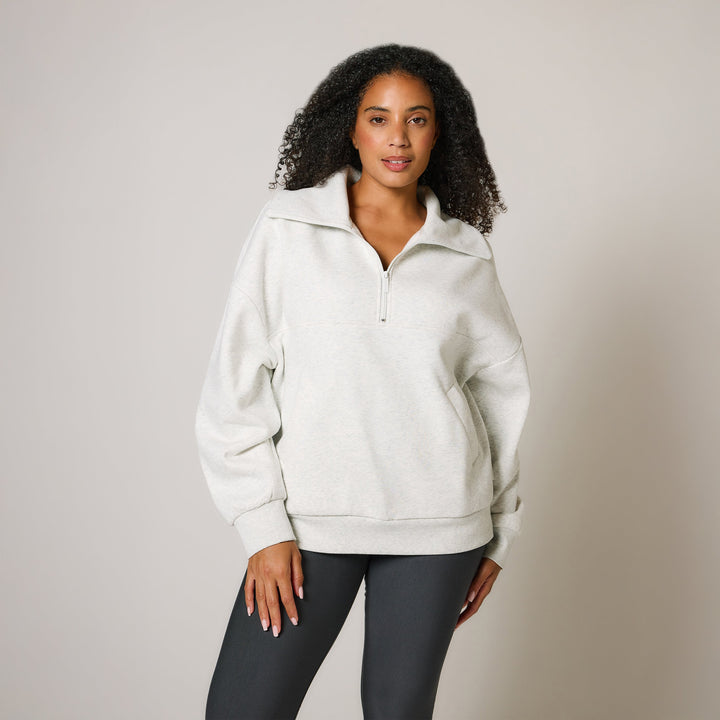 Bio Oversized Viertelzip-Sweatshirt – Hellgrau meliert