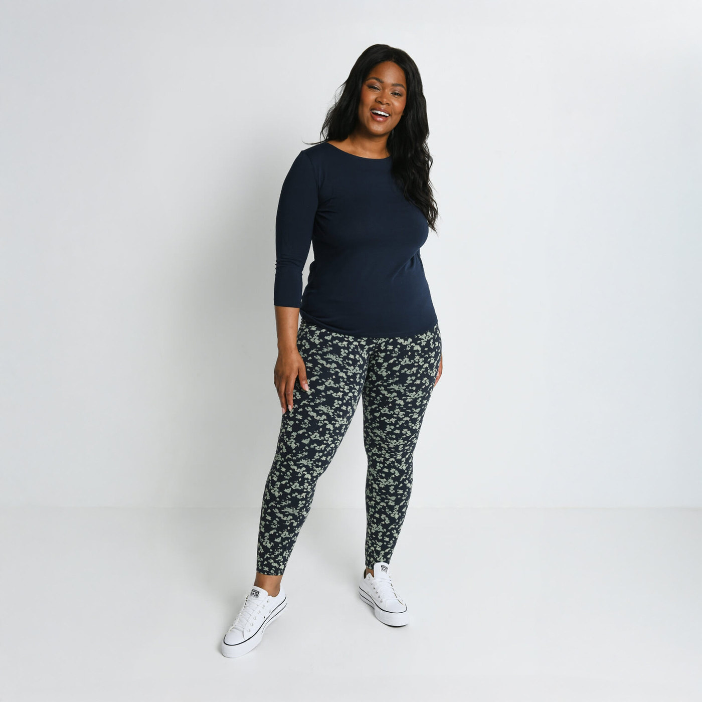 Everyday High Waisted Leggings Curvy - Navy/Green Floral