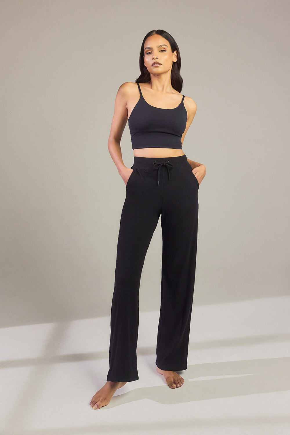 Gerippte Hose mit weitem Bein - Schwarze
