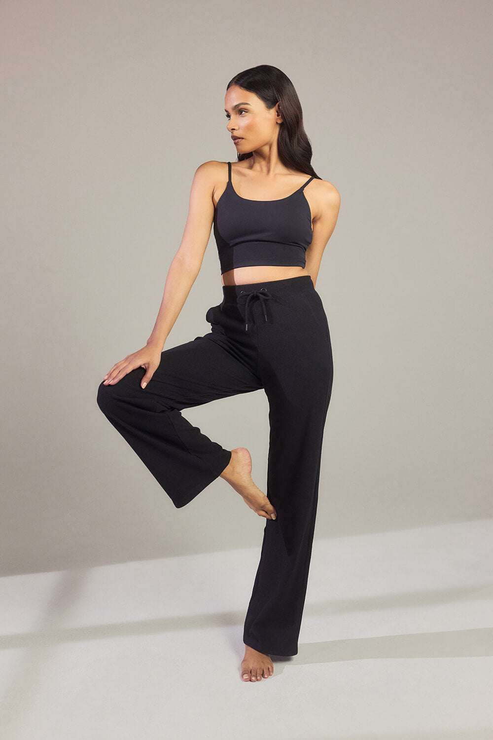 Gerippte Hose mit weitem Bein - Schwarze