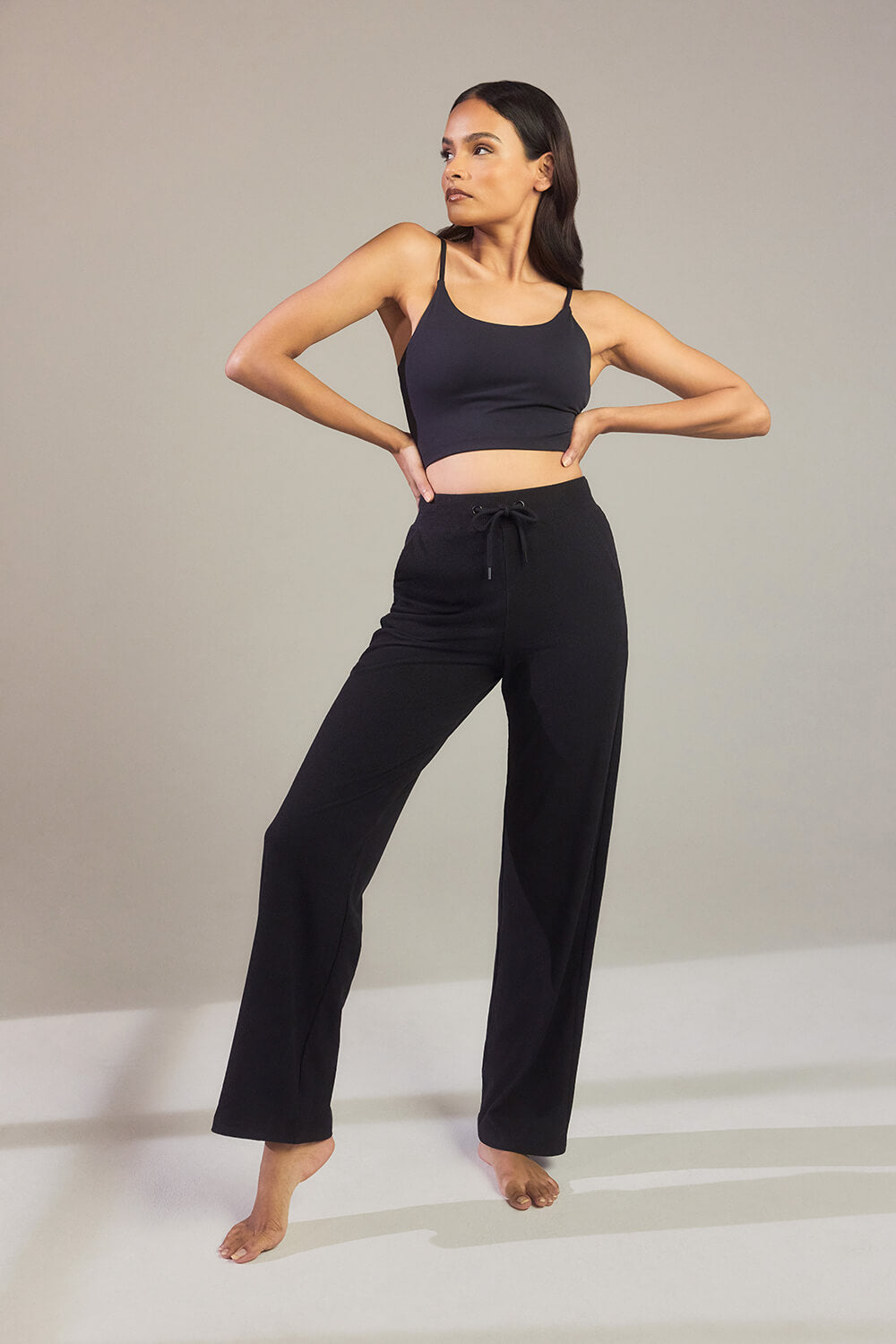 Gerippte Hose mit weitem Bein - Schwarze