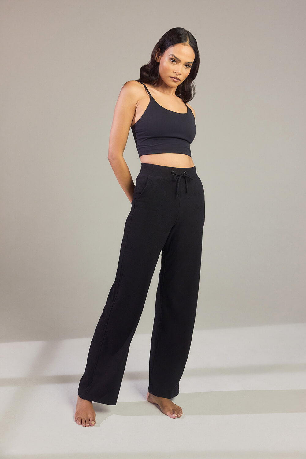 Gerippte Hose mit weitem Bein - Schwarze
