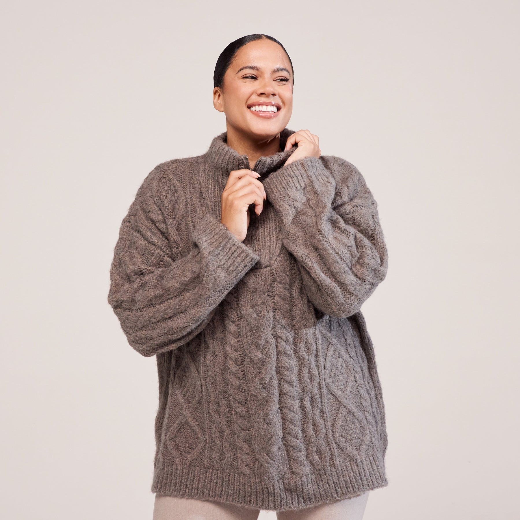 Curve Cable Knit 1/4 Zip Jumper - Mocha