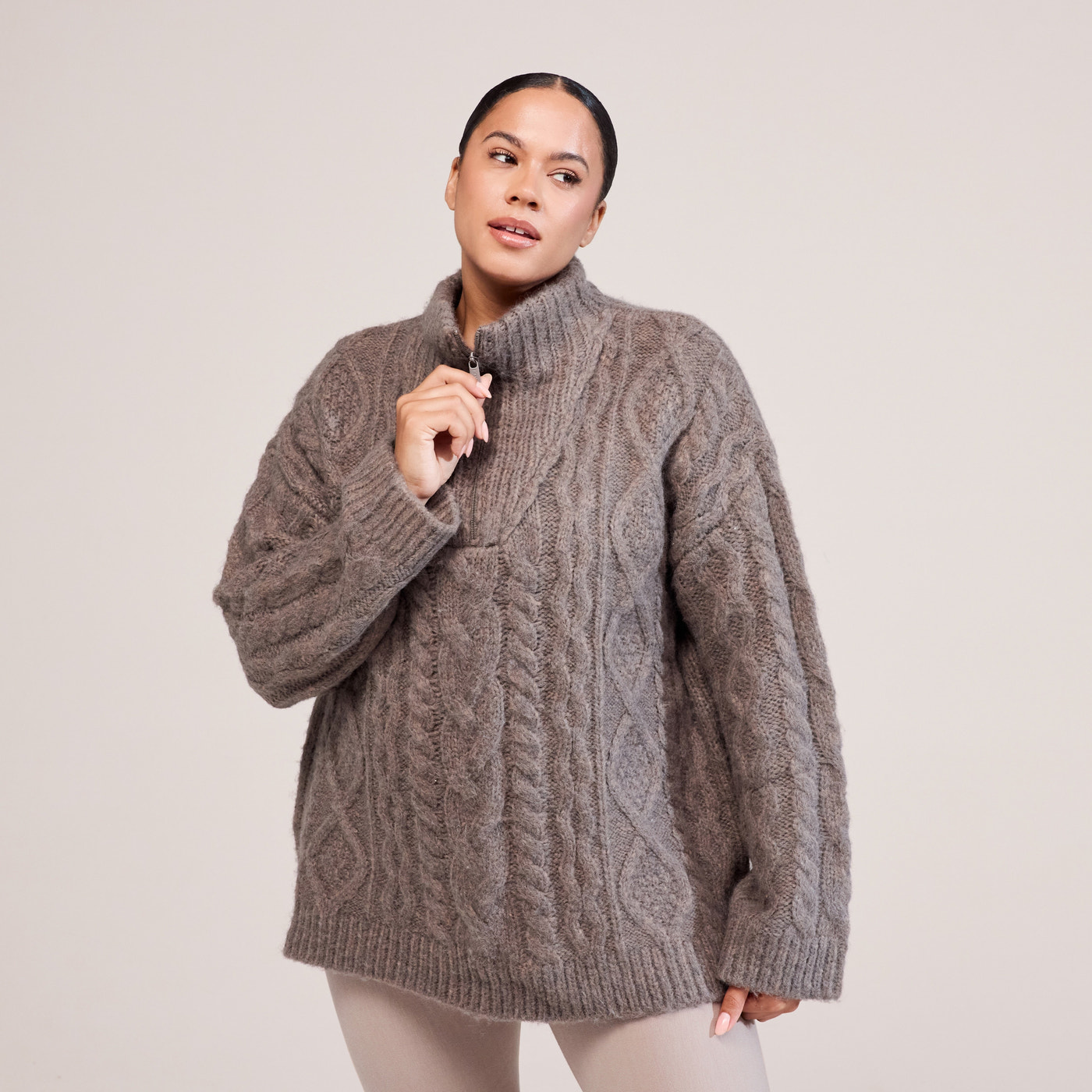 Curve Cable Knit 1/4 Zip Jumper - Mocha