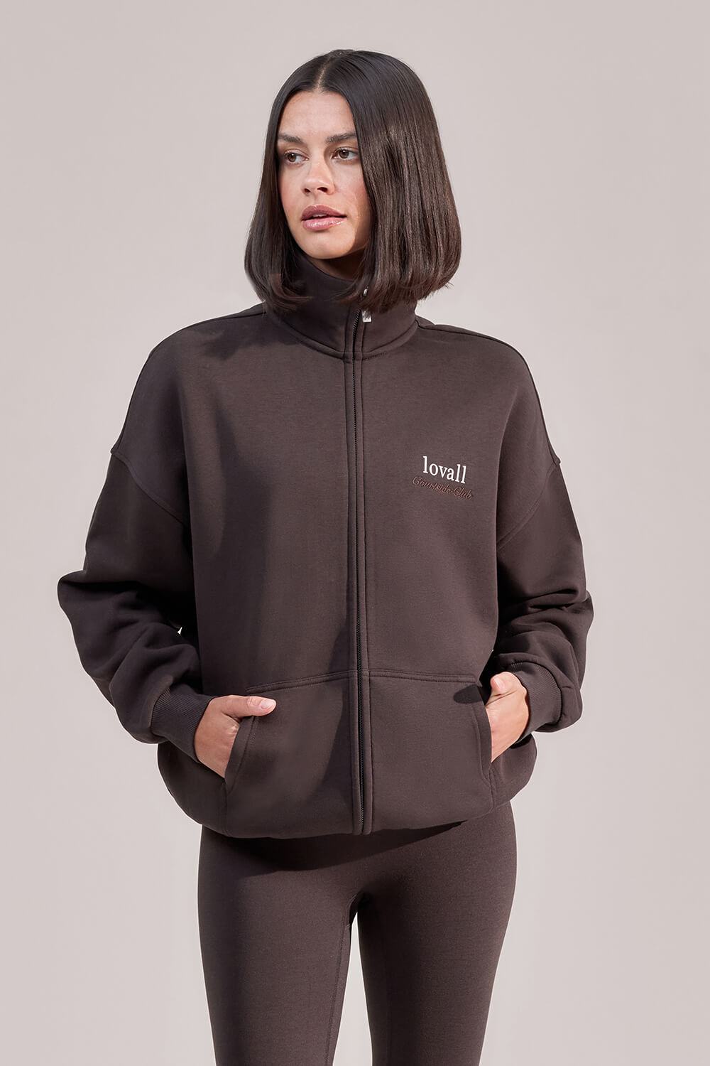 ALL SZN Organic Funnel Neck Zip Through - Black Coffee