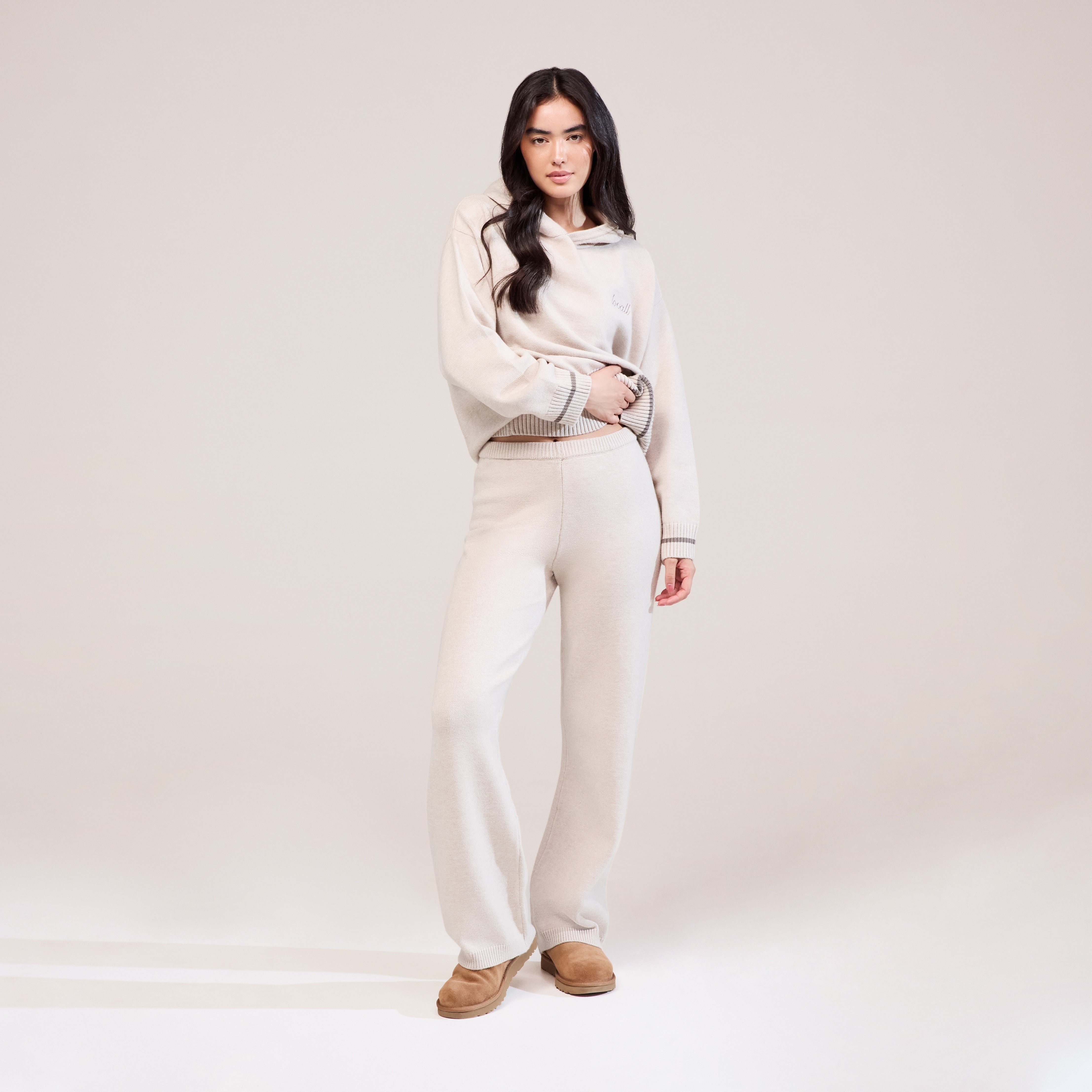 Curve Soft Knit Wide Leg Trousers - Beige