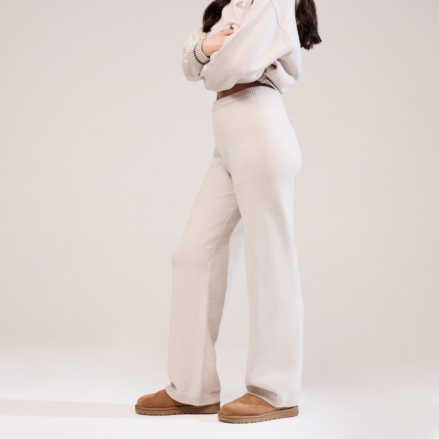 Curve Soft Knit Wide Leg Trousers - Beige