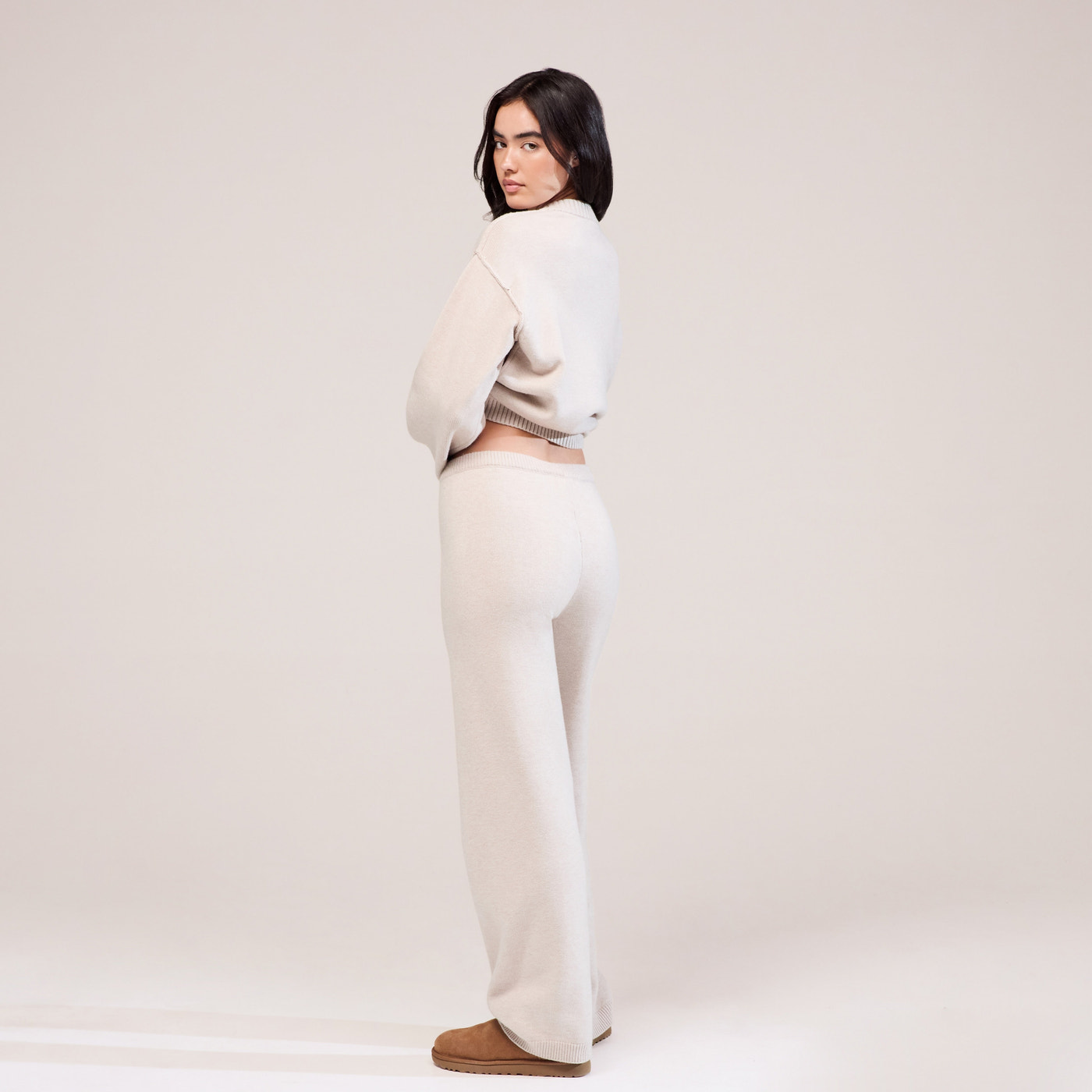 Soft Knit Wide Leg Trousers - Beige