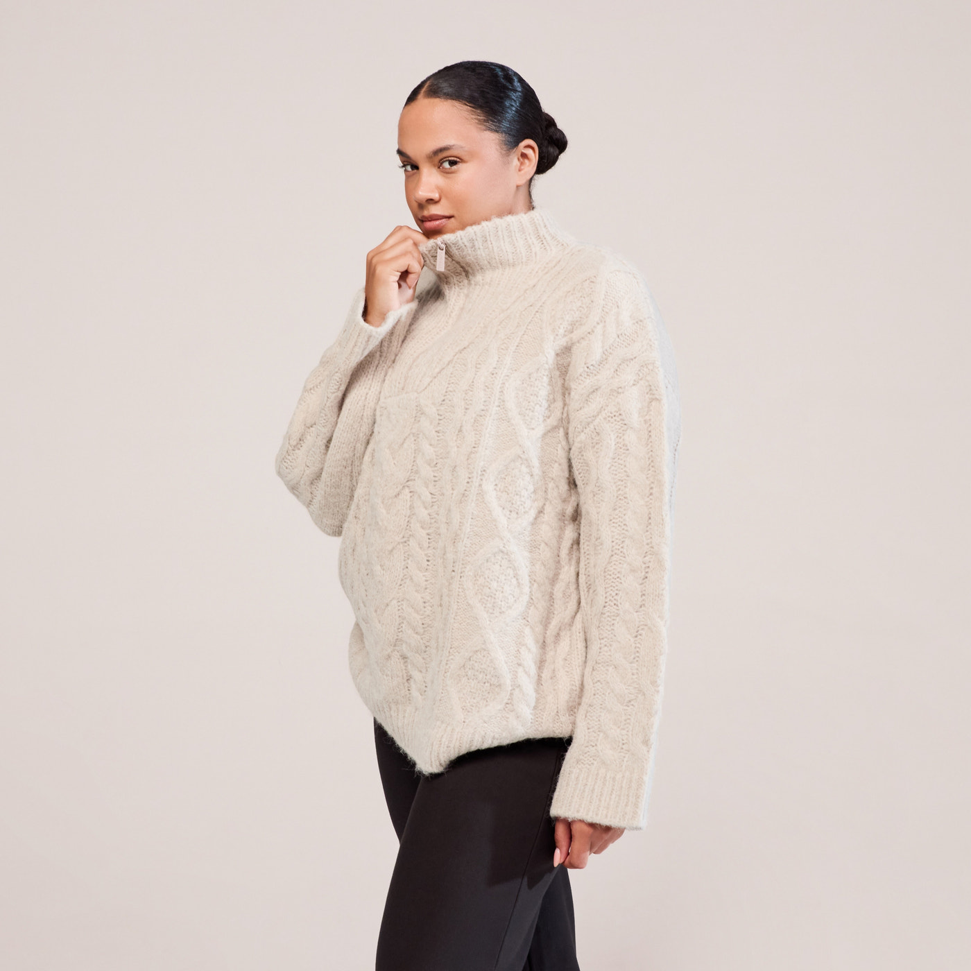 Curve Cable Knit 1/4 Zip Jumper - Beige