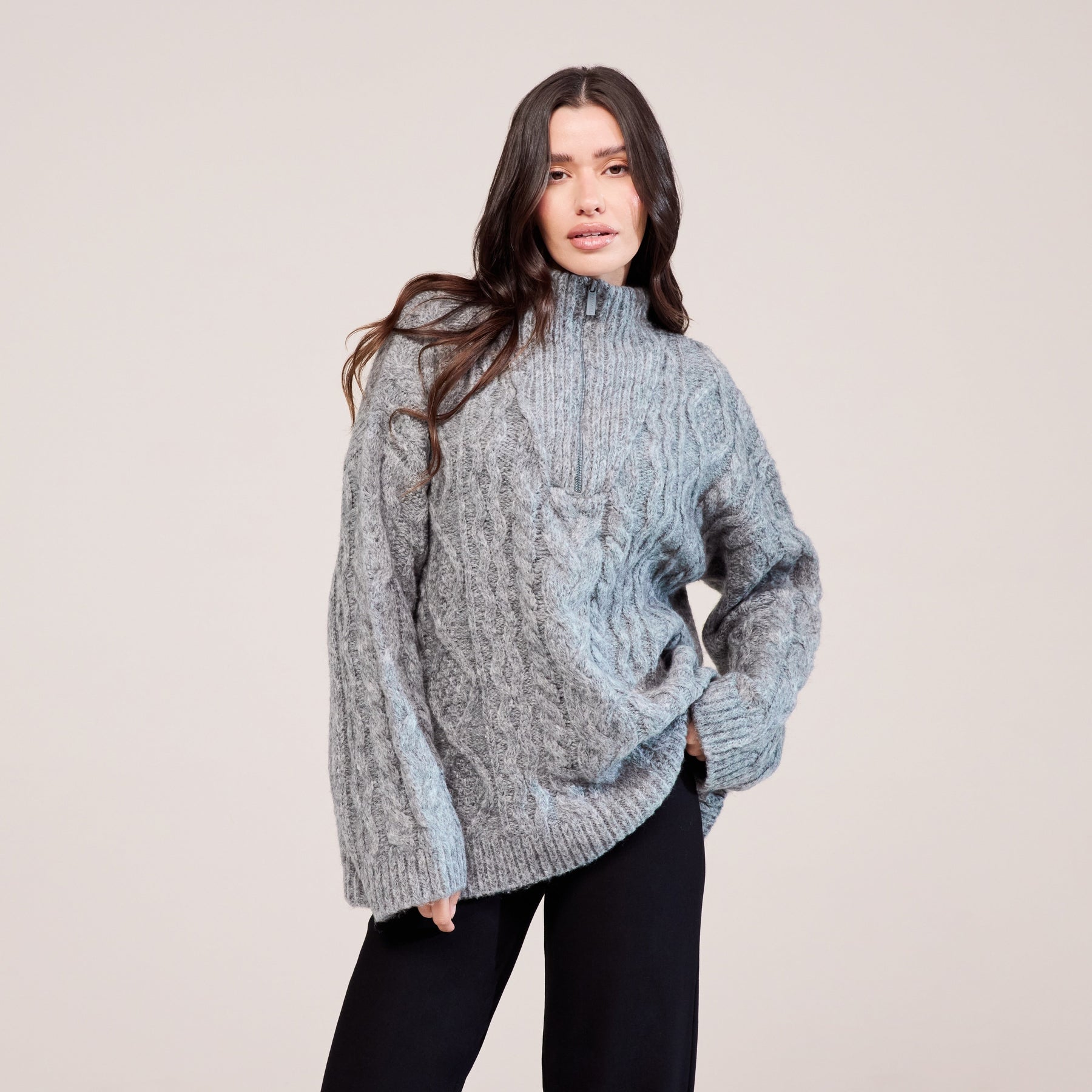 Cable Knit 1/4 Zip Jumper - Dark grey