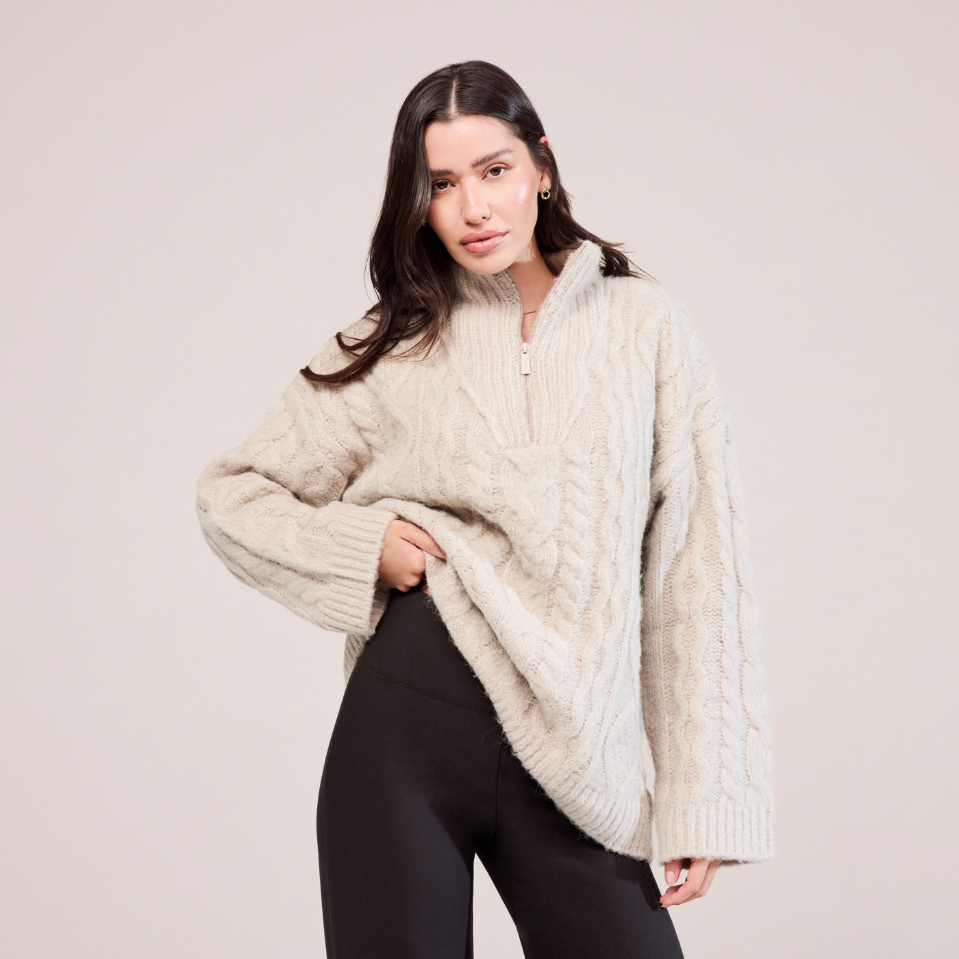 Cable Knit 1/4 Zip Jumper - Beige