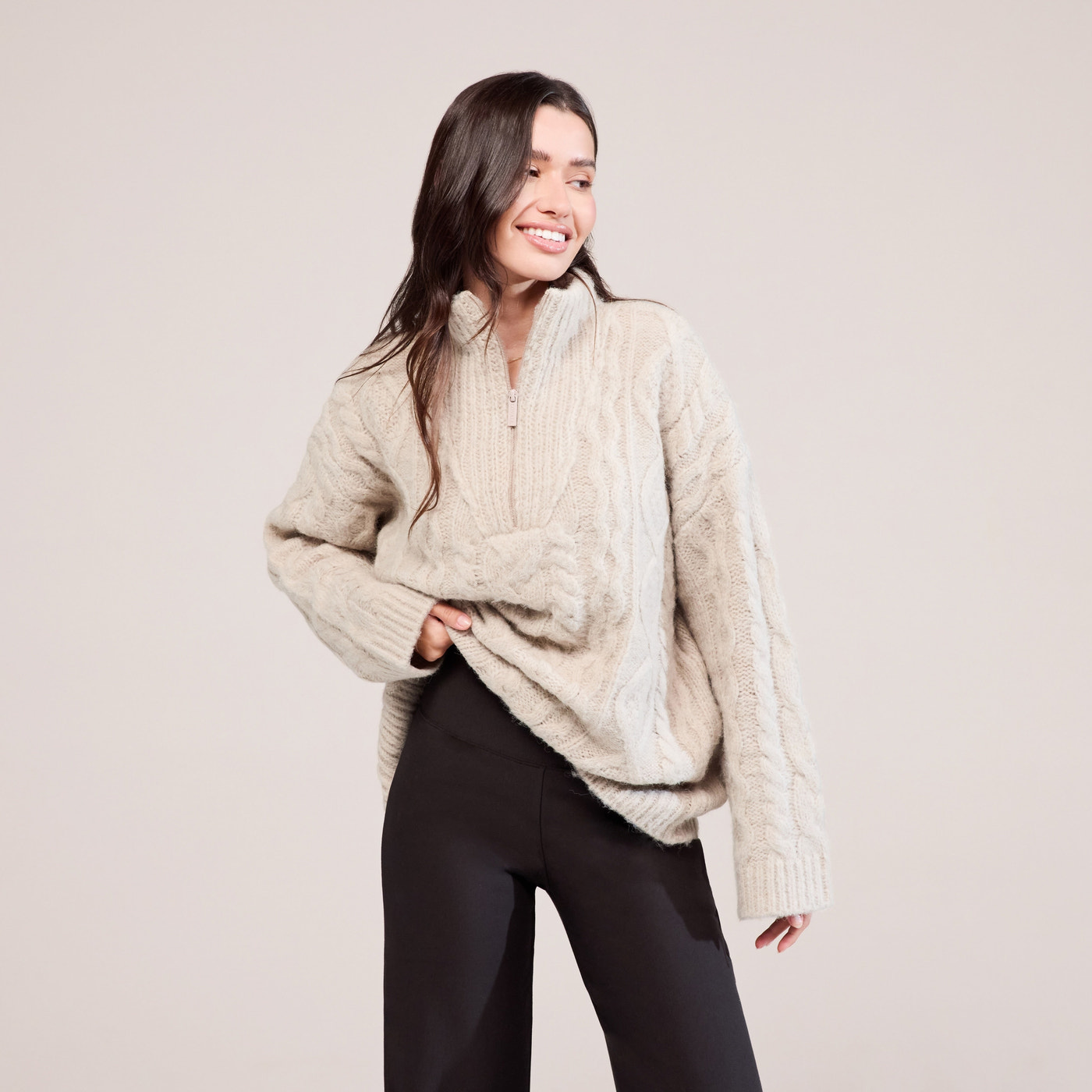 Cable Knit 1/4 Zip Jumper - Beige