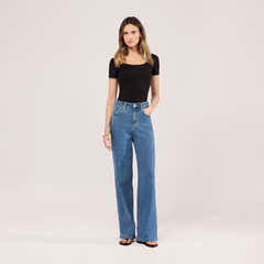 Stretch-Jeans mit weitem Bein – Mittelblau