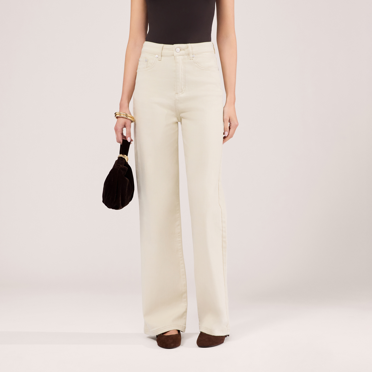 Stretch-Jeans mit weitem Bein – Ecru