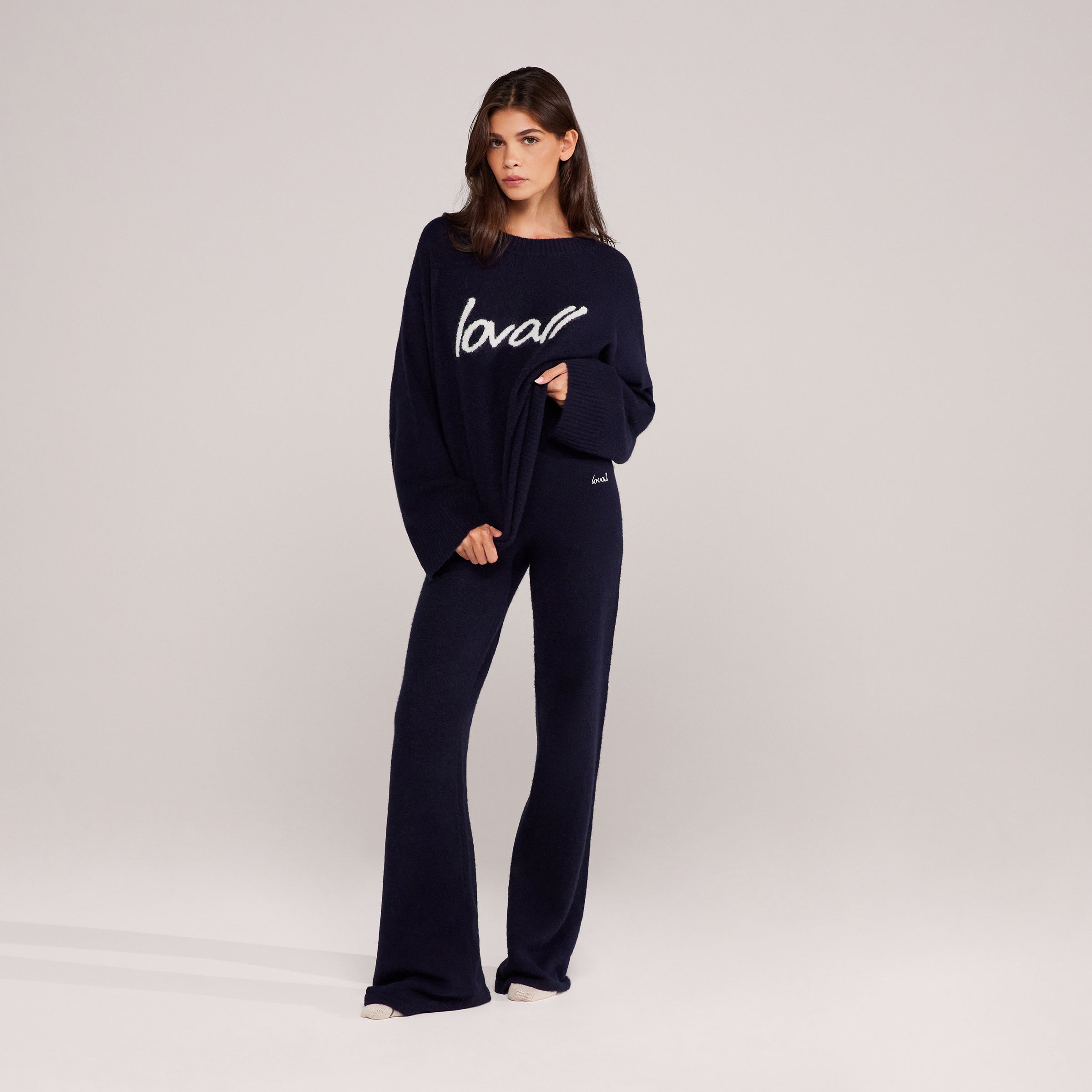 Gebürstete Strickhose mit weitem Bein – Navy