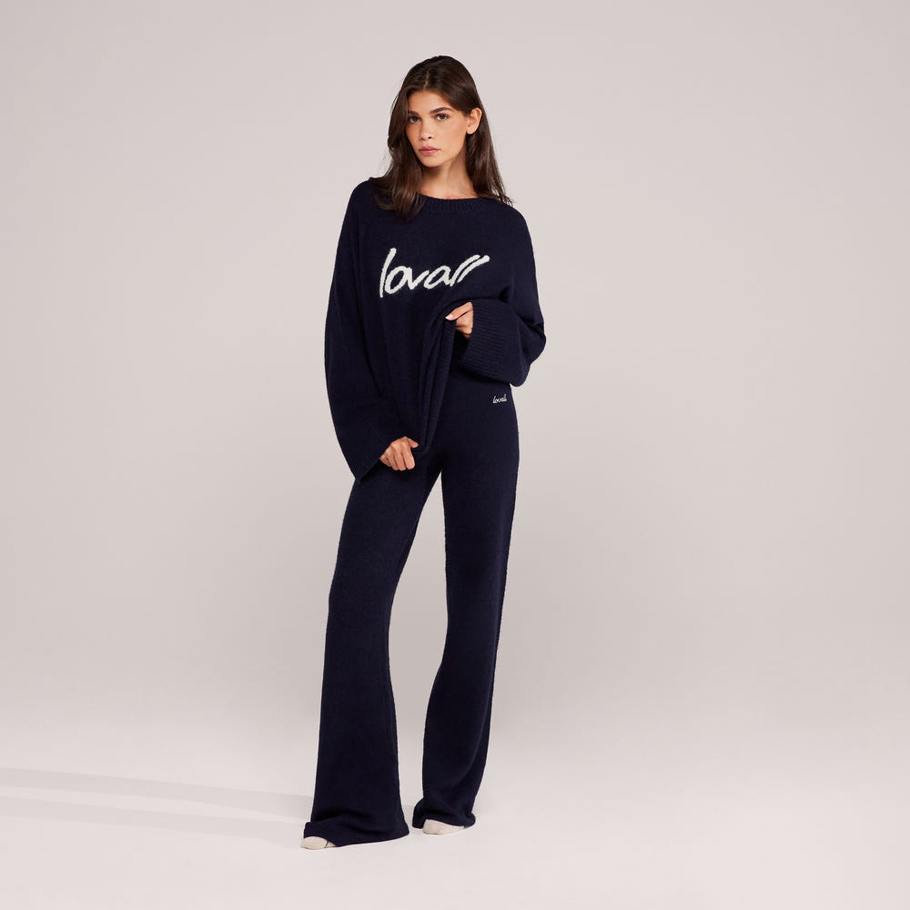 Gebürstete Strickhose mit weitem Bein – Navy