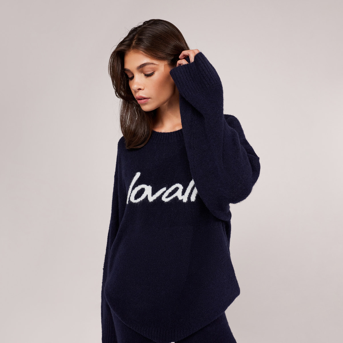 Jumper, Oversized, Strick, angeraut, mit Schriftzug – Marineblau