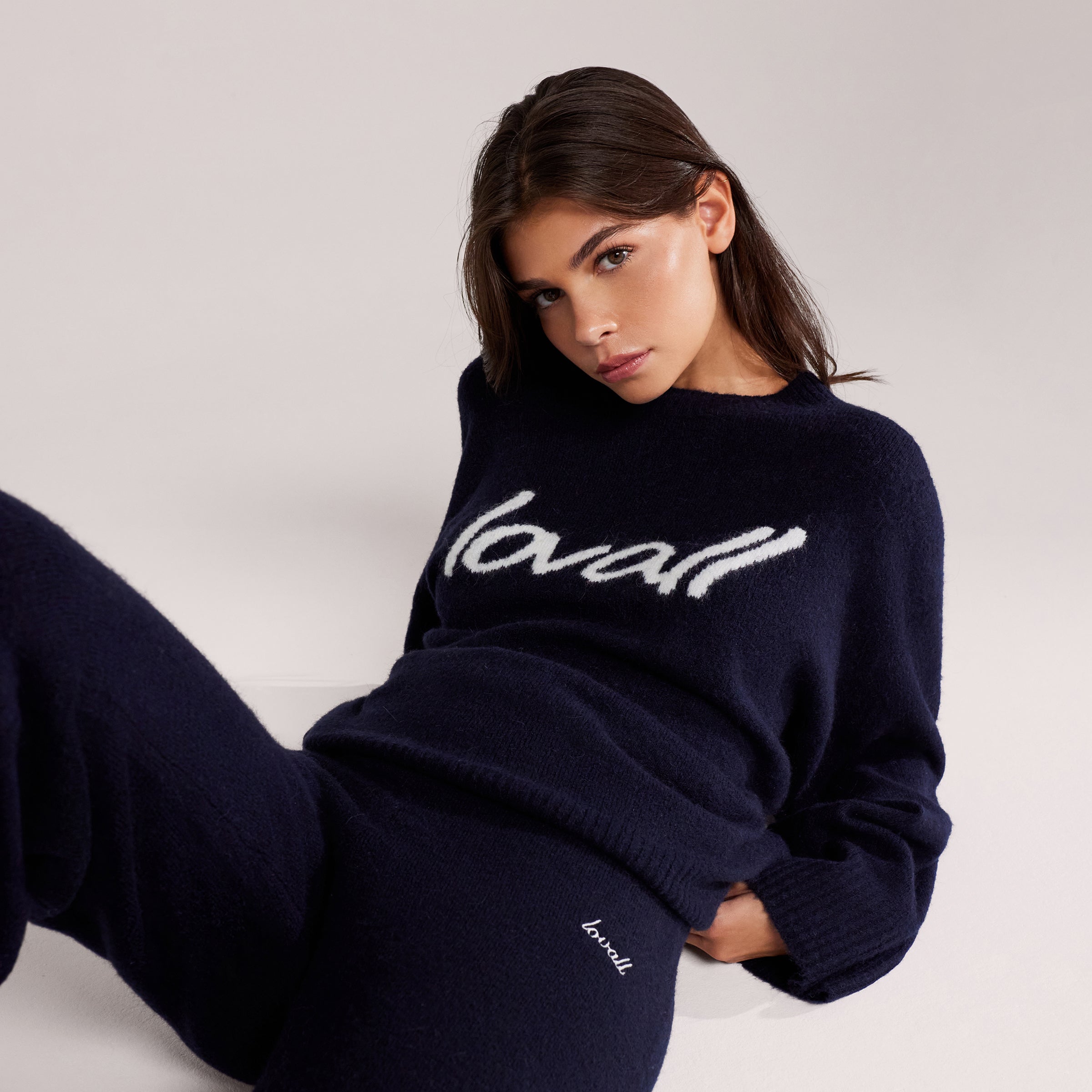 Jumper, Oversized, Strick, angeraut, mit Schriftzug – Marineblau