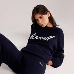 Jumper, Oversized, Strick, angeraut, mit Schriftzug – Marineblau