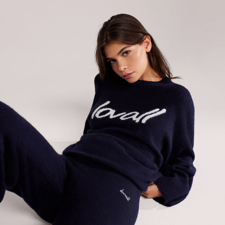 Jumper, Oversized, Strick, angeraut, mit Schriftzug – Marineblau