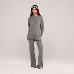 Oversized-Pullover aus gebürstetem Strick mit geschlitztem Saum – Grau