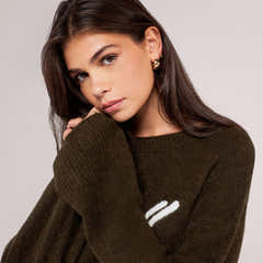 Gebürsteter Strick-Oversize-Pullover mit Schriftzug – Tiefes Oliv