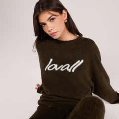 Gebürsteter Strick-Oversize-Pullover mit Schriftzug – Tiefes Oliv