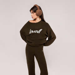 Gebürsteter Strick-Oversize-Pullover mit Schriftzug – Tiefes Oliv