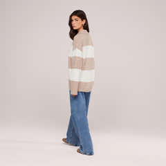 Gebürsteter Strick Oversized Polo Pullover - Beige Gestreift