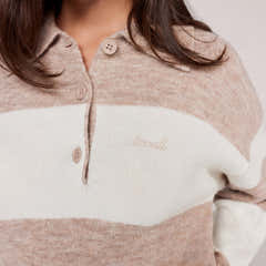 Gebürsteter Strick Oversized Polo Pullover - Beige Gestreift