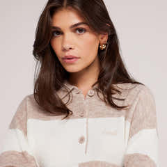 Gebürsteter Strick Oversized Polo Pullover - Beige Gestreift