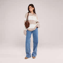 Gebürsteter Strick Oversized Polo Pullover - Beige Gestreift