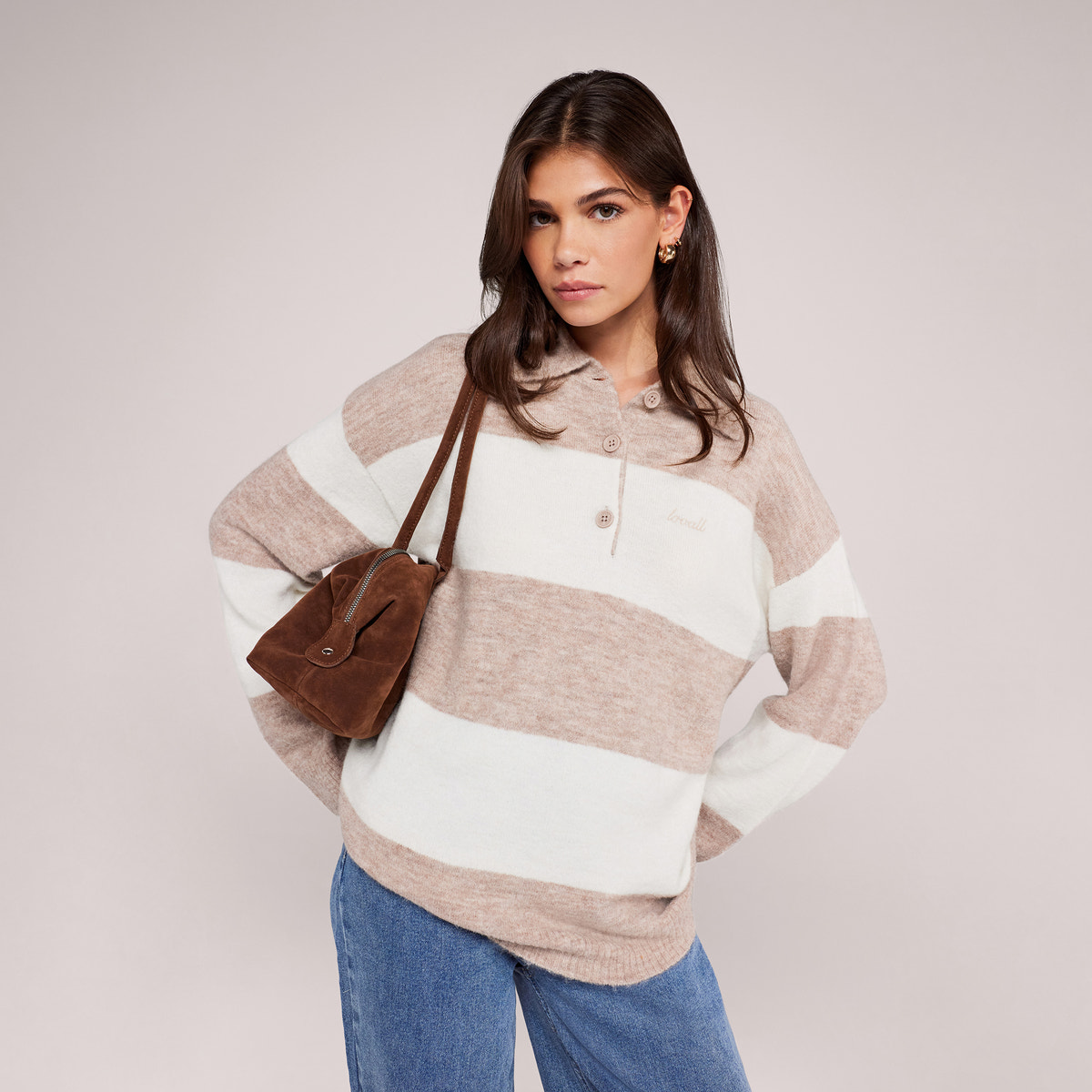 Gebürsteter Strick Oversized Polo Pullover - Beige Gestreift