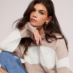 Gebürsteter Strick Oversized Polo Pullover - Beige Gestreift