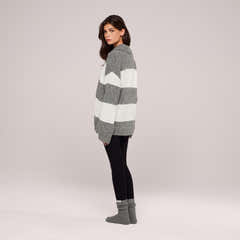 Gebürsteter Oversized-Polo-Pullover aus Strick – Grau gestreift