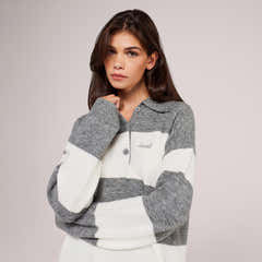 Gebürsteter Oversized-Polo-Pullover aus Strick – Grau gestreift